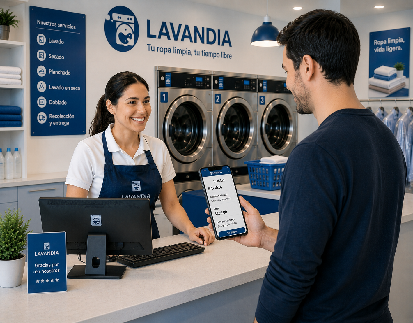 Placeholder de una lavandería ordenada con computadora y ambiente digital para representar el escenario después
